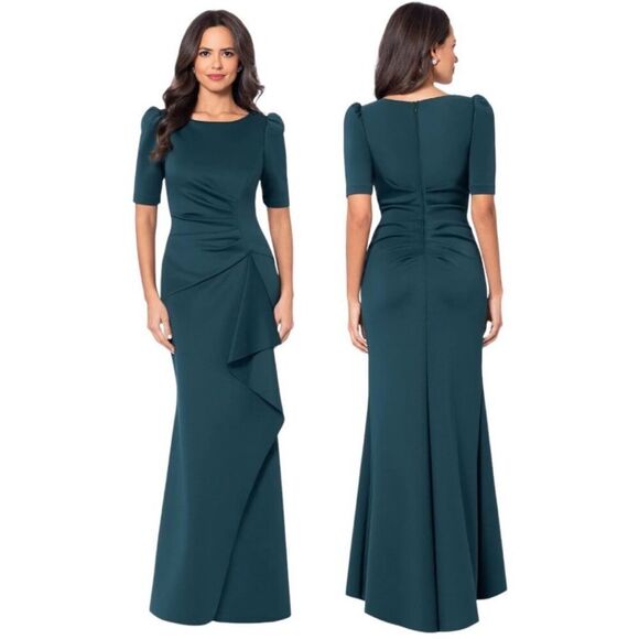 Jaw Dropping Figure Flattering Teal Ruched Pleated Ruffle Peplum Evening Gown - Picture 1 of 7